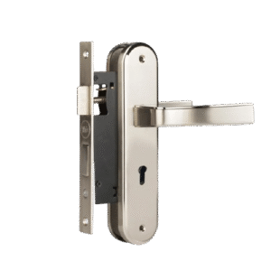 YME 415+ Lever Handle set with key-in lever double strike lockbody Satin Steel