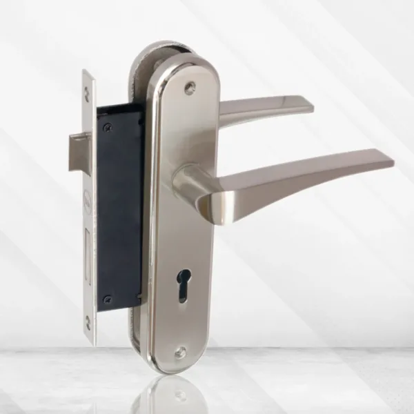 YME 417+ Lever Handle set with key-in lever double strike lockbody Satin Steel