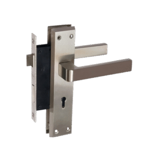 YME 557+ Lever Handle set with key-in lever double strike lockbody Satin Steel
