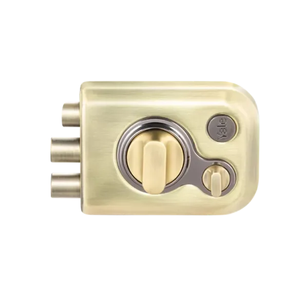 Yale Katros Rimlock KRT-LB-TT-ABM/BN – Tribolt, 2 Deadbolts & 1 Latch Bolt, Knob Insid, 4 Dimple Keys
